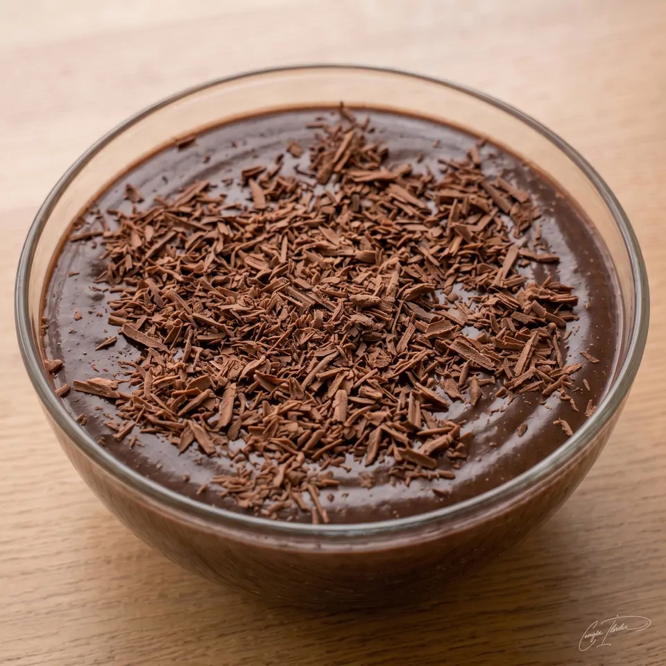 A glass bowl of glossy krem şokola topped with shaved chocolate.