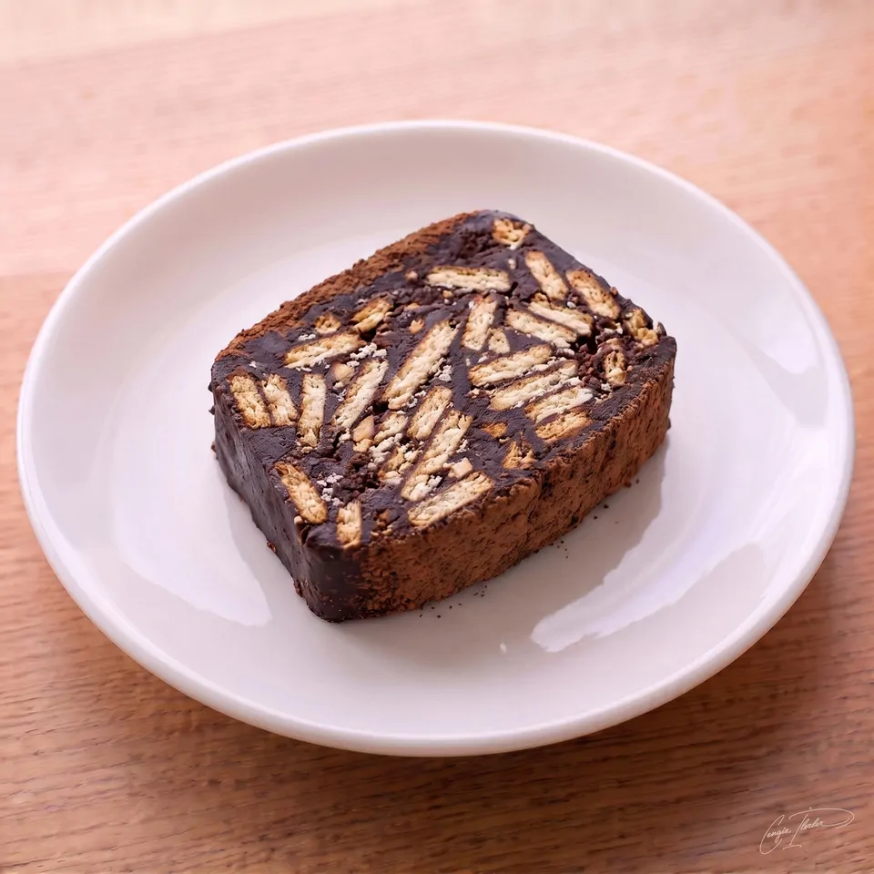 A thick slice of mozaik pasta (mosaic cake) on a white plate, packed with crushed biscuits bound together by a rich, dark chocolate sauce.