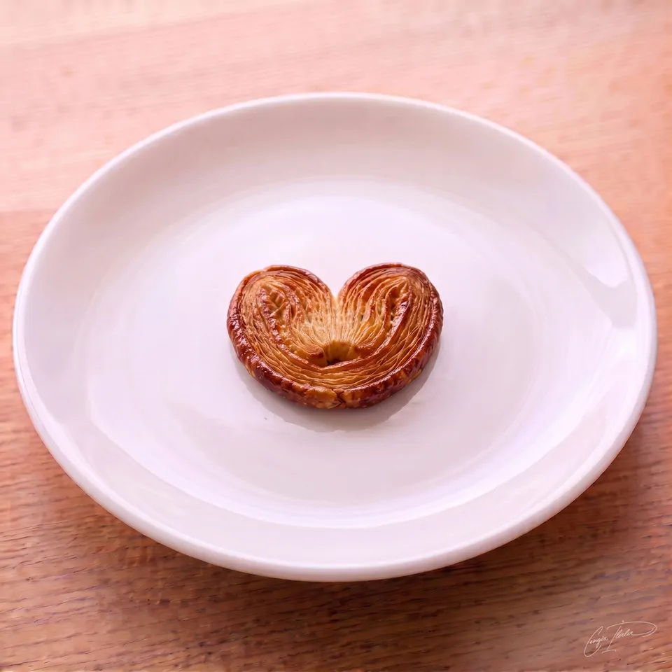 A single large, heart-shaped, deeply caramelized, flaky palmier pastry resting on a white plate on a wooden table.