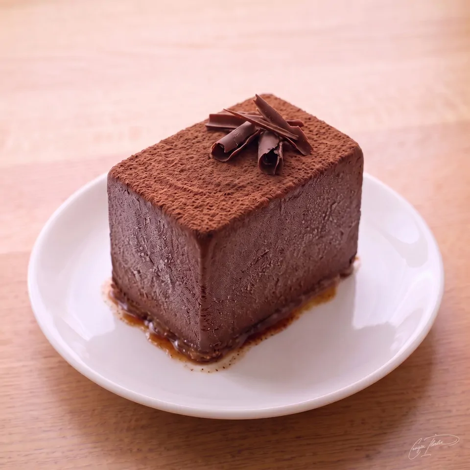 A rectangular chocolate parfait dusted with cocoa, topped with cocoa-dusted almonds and chocolate curls, on a white plate.