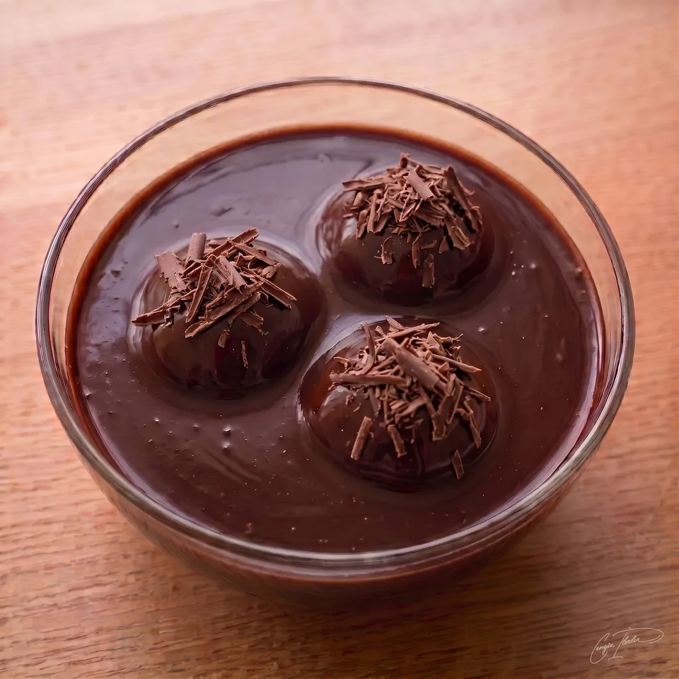 A bowl of profiteroles — cream-filled choux puffs under a pour of warm chocolate sauce.