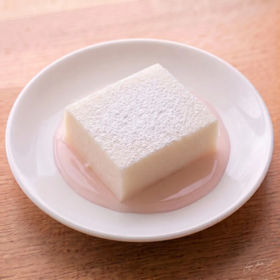 A perfect, translucent white square of su muhallebisi heavily dusted with powdered sugar, sitting in a pool of pale pink rosewater syrup on a white plate.