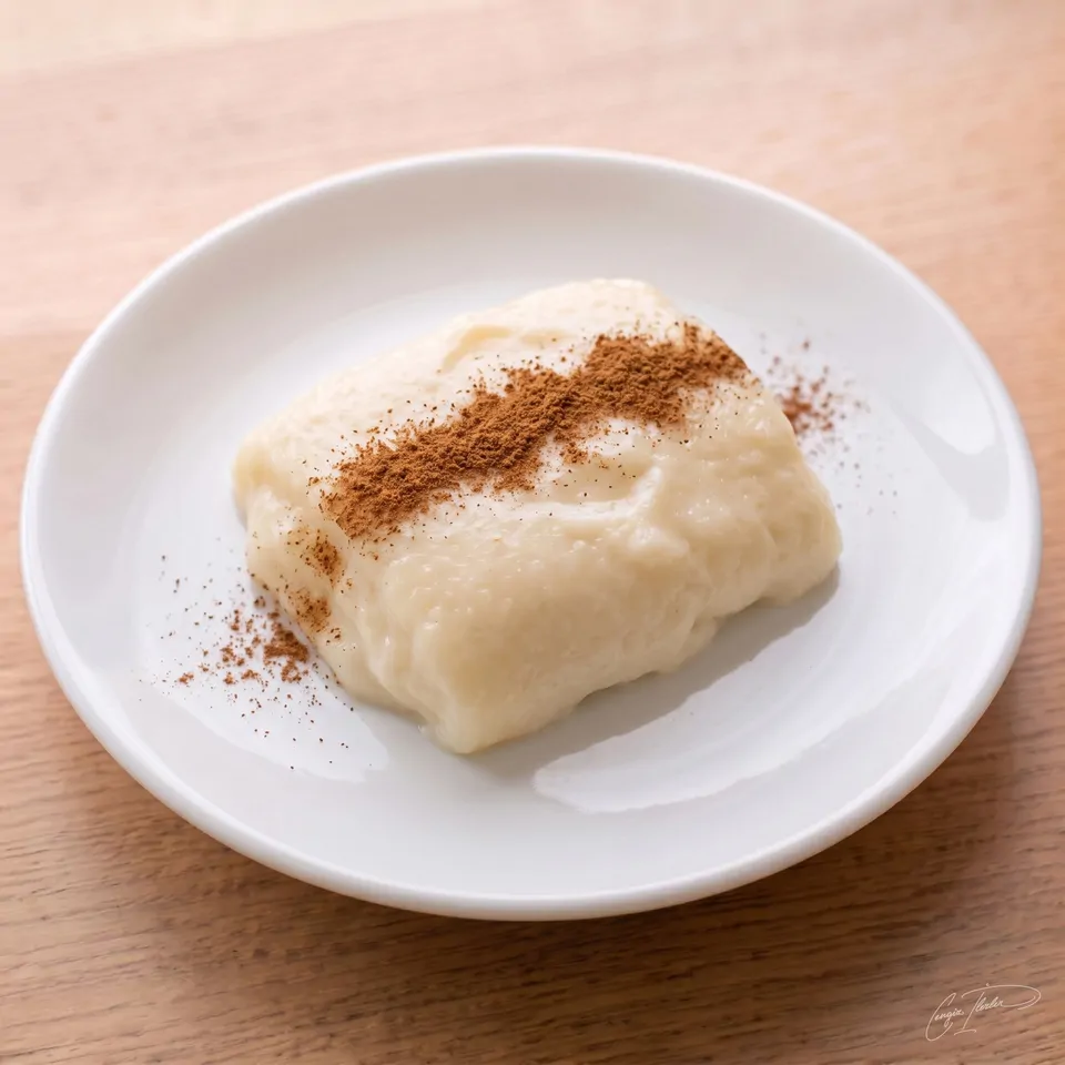 A rolled slice of tavuk göğsü on a white plate, dusted with cinnamon.