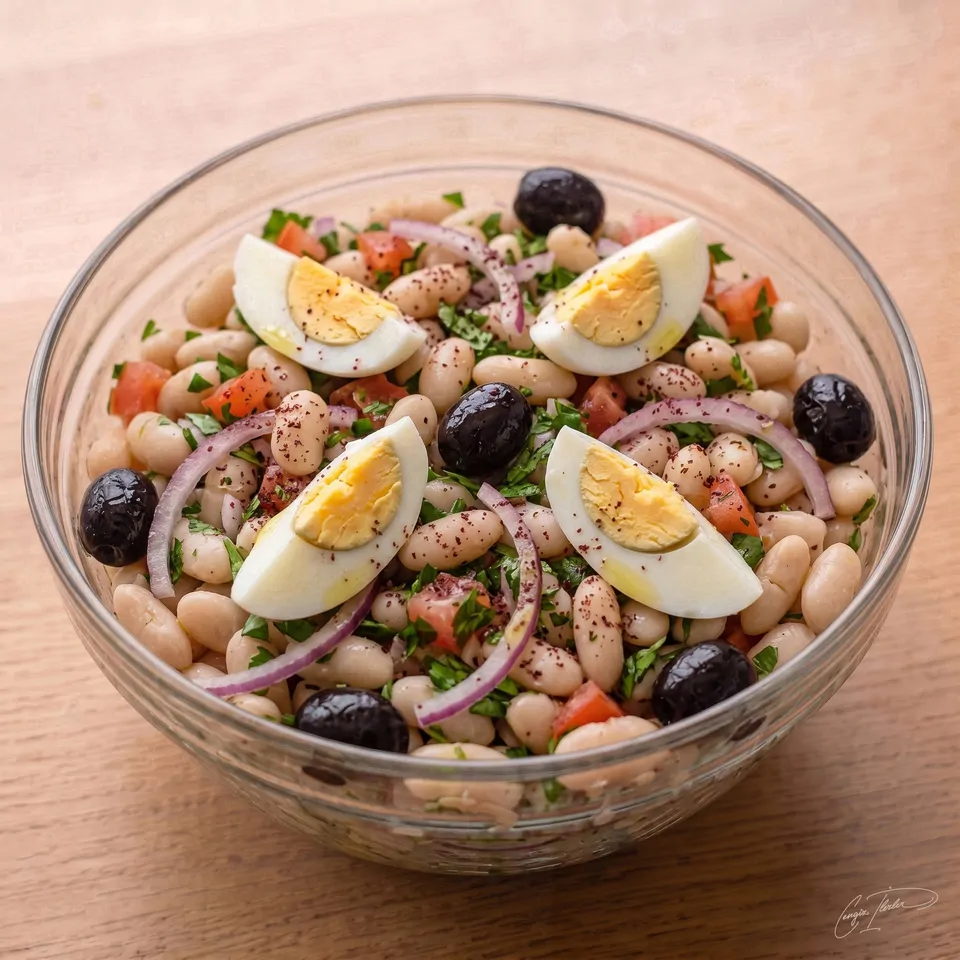 A glass bowl of piyaz salatası — white beans mixed with red onion, tomato, and parsley, garnished with black olives, hard-boiled egg quarters, and a dusting of sumac.