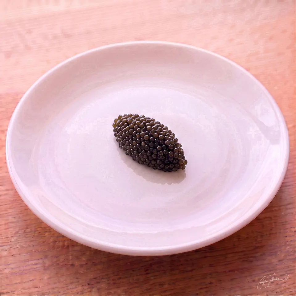 A small mound of glistening black caviar carefully plated on a simple white dish.