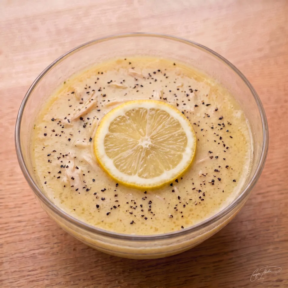 A glass bowl of golden tavuk suyu çorbası (chicken broth soup) on a wooden table, garnished with a slice of lemon and a sprinkle of black pepper.