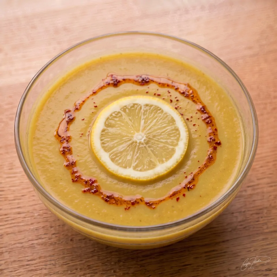 A glass bowl of smooth, yellow mercimek çorbası (lentil soup) on a wooden table, garnished with a slice of lemon and a swirl of red pepper flakes in oil.