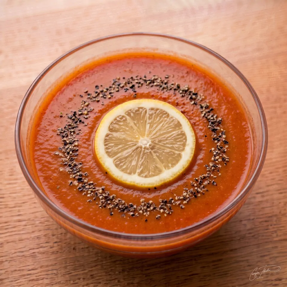 A glass bowl of rich red domates çorbası (tomato soup) on a wooden table, garnished with a slice of lemon and a ring of black pepper.