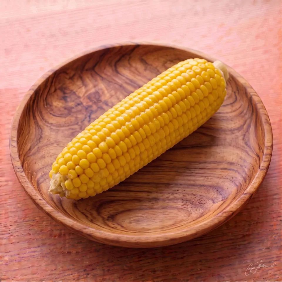 A bright yellow ear of boiled corn on the cob (mısır haşlama) resting on a carved wooden plate.
