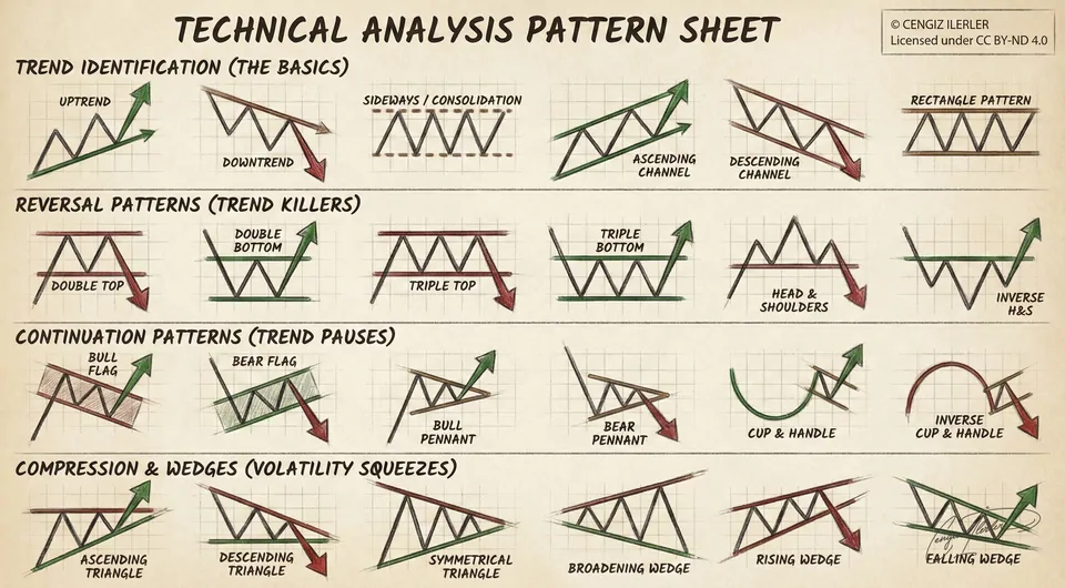 Technical Analysis Pattern Sheet — four hand-drawn bands: trend identification, reversal patterns, continuation patterns, and compression & wedges.