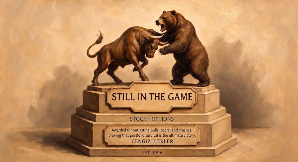 Still in the Game — bronze bull and bear statue on an engraved pedestal, awarded for outlasting bulls, bears, and crashes. Est. 1996.